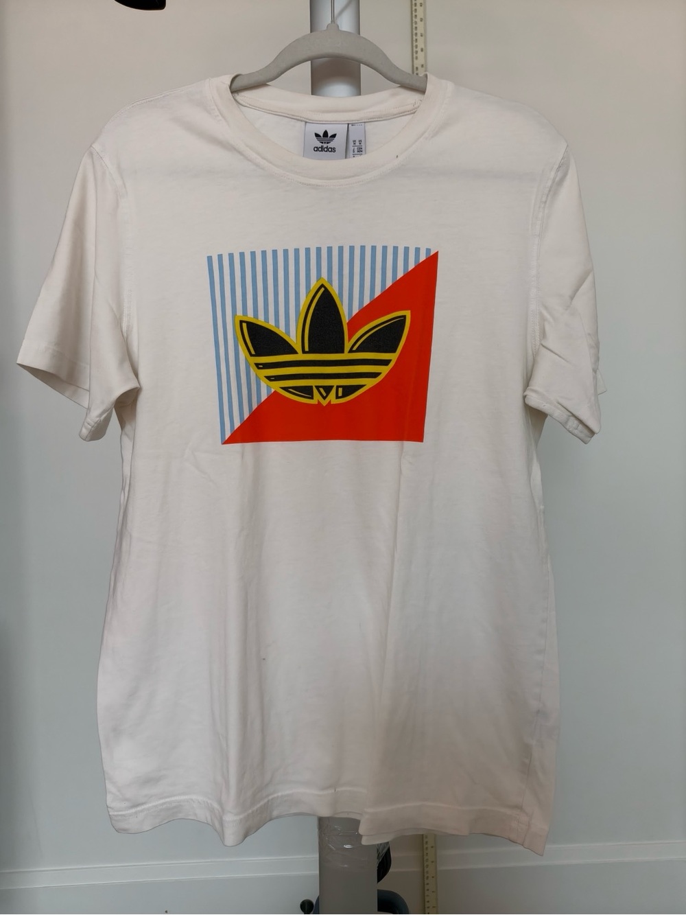 adidas White Short-Sleeve Tee with Yellow & Red Trefoil Graphic